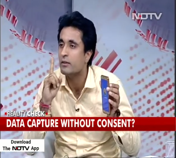 "NaMo App is not a political App, it is an App of Prime Minister of India which doesn't share your data with a third party unlike Congress' App 'With INC" - Pradip Bhandari on NDTV show Reality Check